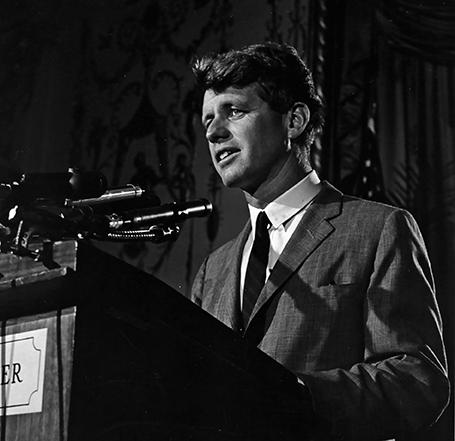 Close-up of Senator Robert Kennedy speaking at the podium.