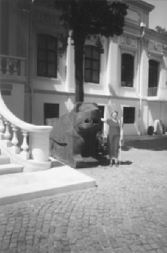 Barbara Pierce stands beside a Hittite portal lion outside the Ancient Oriental Museum in Istanbul