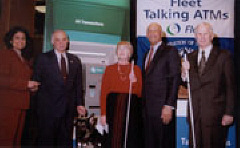 On habd for the ATM opening announcement were(from left to right) Nandita Bakhski, Fleet Executive Vice President, George Salpietro, Executive Director of the Fidelco Guide Dig Foundation; Betty Woodward, President of the National Federation of the Blind of Connecticut; Chandler Howard, President of Fleet in Connecticut; and Bruce Woodward, Treasurer of the National Federation of the Blind of Connecticut.