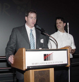 John Brennan, the NFB staff member with primary responsibility for this memorable evening, introduces Maurice Peret to the audience.   Maurice was the Federationist who climbed to the Everest base camp with the team to assist with communications during the weeks they were on the mountain.