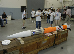 The Rocket On! science campers actually launched a rocket with the guidance of NASA volunteers.  Here the NFB/NASA rocket sits waiting to be transported to the launch pad.  The rocket was about ten -and-a-half feet tall and weighed about seventy-five pounds.