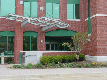 The right side of the front landscaping at the Institute