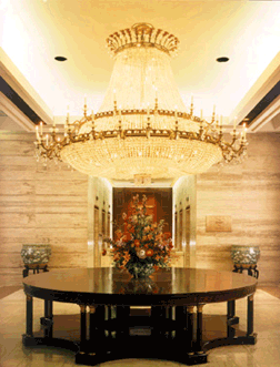 A floral display beneath the Tower lobby chandelier