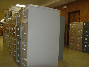 The centerpiece of the Jacobus tenBroek Memorial Library is the vast collection of papers and memorabilia collected and filed largely by Mrs. tenBroek. At the moment most of these are resident in the file cabinets pictured here.