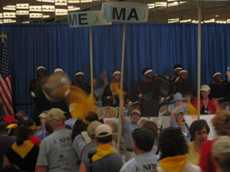 Some Federationists danced their way into the convention hall. Others contented themselves with waving their yellow march bandanas.