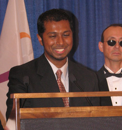 Sachin Pavithran addresses the banquet audience.
