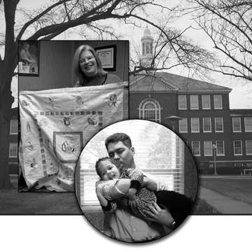 At the center of the collage Dr. Edward Bell greets his daughter Samantha, who has just arrived for lunch with her daddy. To the left Dr. Ruby Ryles displays an embroidered quilt top of Beatrix Potter characters that she is making for a friend�s baby. Behind these two photos can be seen part of the Louisiana Tech campus.
