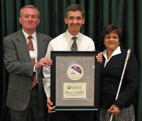(left to right) Bob Hoyt, Jerry Munden, and Eileen Ley display the newly inaugurated NFB Access Plus Award.