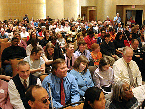 By the time the great gathering-in meeting began on Sunday afternoon, the hotel&rsquo;s largest two meeting rooms were crowded with Federationists. This shot shows part of the Columbia Room filled with people.