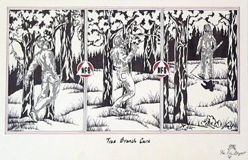 This graphic is a triptych of three drawings. In the first a man is wandering in the woods and bumping into branches. In the second panel, the figure is cutting a branch to shape into a cane. In the third panel, now equipped with a long cane made of a tree branch, the figure strides out with confidence.