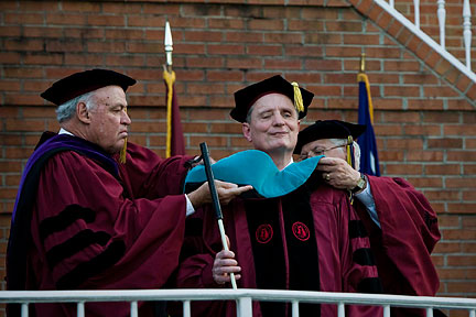 On May 4, 2010, NFB President Marc Maurer was awarded an honorary Doctor of Humane Letters degree by the University of South Carolina Upstate. Miles Loadholt, chairman of the University board of trustees, (left) and Thomas L. Stepp, board secretary, adjust President Maurer�s hood.