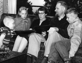 Pictured here is the tenBroek family in their Berkeley, California, home in 1958. Left to right they are Nicholas, age five; Anna, age ten; Mrs. tenBroek; Dr. tenBroek; and Jacobus (Dutch), age thirteen.