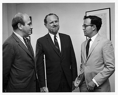 Left to right: Professor Norman Dorsen, New York University; Dr. tenBroek; and Martin Garbus, American Civil Liberties Union, met in the fall of 1967 with twenty lawyers to discuss their litigation of state welfare residence laws and to plan strategy for a United States Supreme Court test.