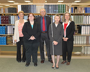 Members of the Jacobus tenBroek Library staff: left to right, Kim Dalton, Anna Kresmer, Ed Morman, Lou Ann Blake, and Carolyn Baron