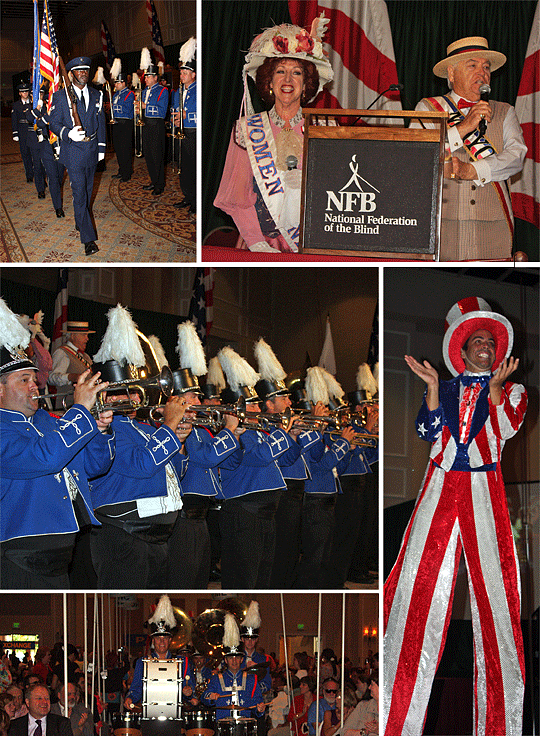 On this page is a collage of visitors from Disney�s Magic Kingdom who welcomed the blind to Orlando during the opening ceremony of the National Federation of the Blind�s seventy-first convention. On stage are the mayor and first lady of Disney�s Main Street USA. The Disney Volunteer Marching Band makes its way down the center aisle, serenading convention attendees with Disney favorites. A man in a Disney uniform featuring the colors of the American flag walks on stilts as the band moves through the crowded hall.