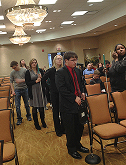 Tom Brown, Kathryn Carroll, Terrin Barker, and other representatives of the National Association of Blind Students line up to report on progress in their states.