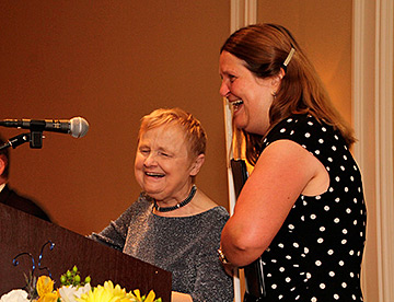 Diane McGeorge (left) and Julie Deden are shown at the banquet celebrating the Colorado Center for the Blind�s twenty-fifth anniversary.