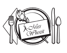 A formal place setting, complete with placecard bearing the Whozit logo and the words, �Miss Whozit�