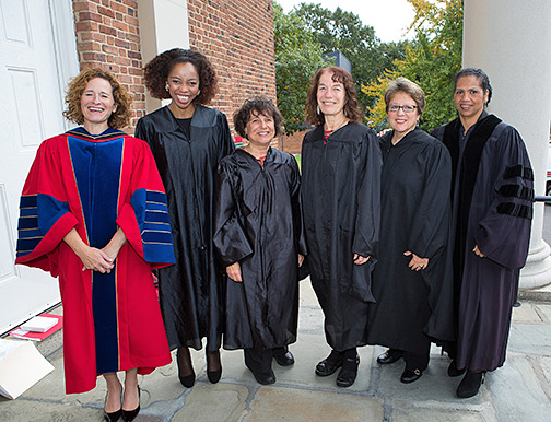 Carol Castellano appears on stage to receive her award, and with her are Douglass Dean; Jacquelyn Litt; the 2013 Douglass Society honorees Phuti Mahanyele; Lois Weisman; Tina Gordon, associate alumnae of Douglass College board president; and Valerie Anderson, AADC executive director.