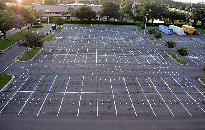 A view of the empty parking lot, each place an NFB member will stand marked with an umbrella.