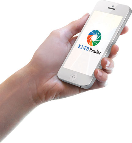 A hand holds a phone with the KNFB Reader app opening.