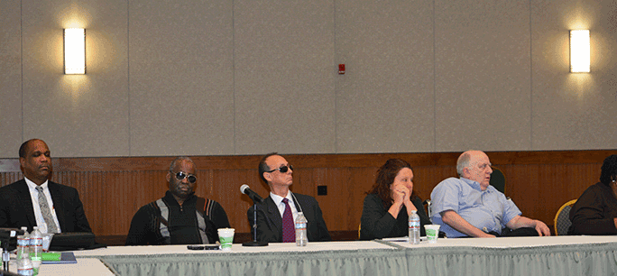Anil Lewis, Ron Brown (IN), Fred Schroeder, Denise Valkema (IL), Carl Jacobsen (NY), and Patrina Pendarvis (right arm) (MS). State presidents come together to plan how best to improve the quality of life for blind people throughout the country.