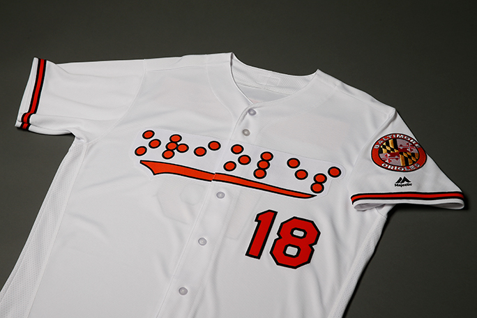 Orioles jersey number 18 with the Oriole&rsquo;s name in Braille. Photo courtesy of the Baltimore Orioles 