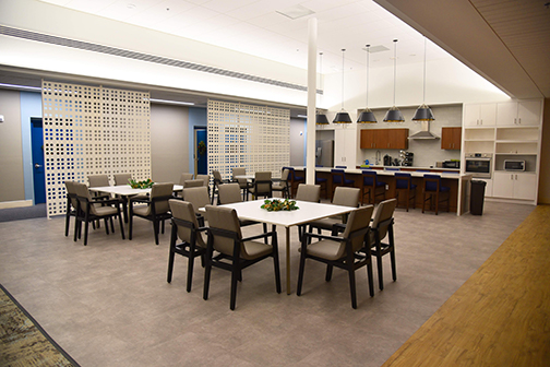 The family room and kitchen