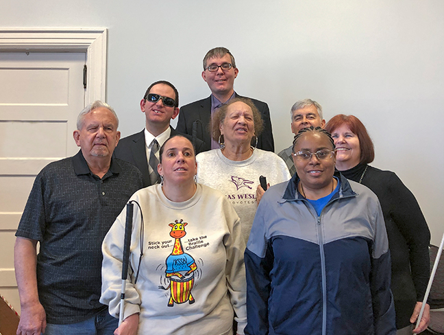 Leaders of the Kansas City Chapter and the NFB of Missouri. Back row: Jeff Giffen, chapter treasurer and Gene Fleeman, past NFB of Missouri board member. Middle row: Daniel Garcia, chapter president; Beverly Fulton, chapter board member; Shelia Wright, NFB of Missouri president. Front row: Ben Blagg, chapter secretary; Linda Coccovizzo, chapter second vice president; Sarita Cann, chapter board member.