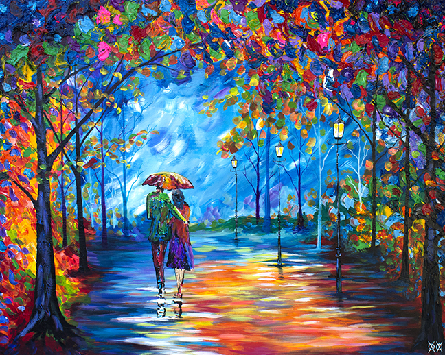 A couple walks arm in arm down a street under an umbrella and a canopy of trees, with old light posts visible on their right.