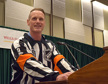 Dan O&rsquo;Rourke wearing his National Hockey League jersey.