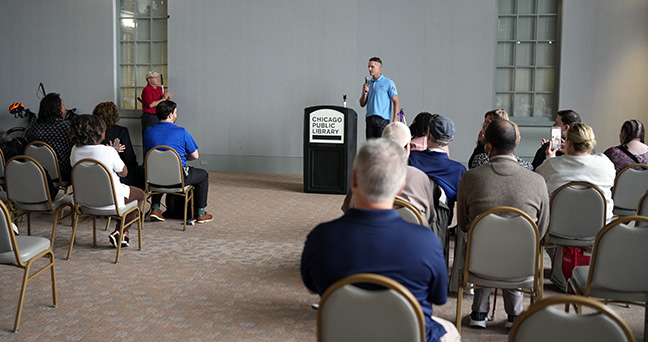 Dan O&rsquo;Rourke speaks to the members at the Ride for Literacy finale.