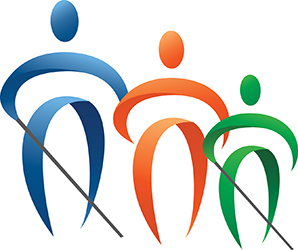 Three icons together. The blue icon is the largest with a slightly shorter orange icon in the center and a small (childsize) green icon on the right. 