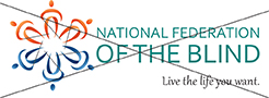 The NFB logo with three icons in blue and three in orange and the text in green rather than black. There is an X over all elements.