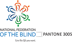 The square version of the National Federation of the Blind logo with the blue, Pantone 3005 OF THE BLIND text delineated.