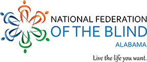 The National Federation of the Blind of Alabama rectangle logo with tagline logo in full color.