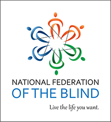 The square version of the National Federation of the Blind logo with clear space outlined.