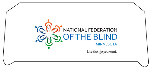 A graphic of a tablecloth with the rectangle NFB logo on the front of the table.
