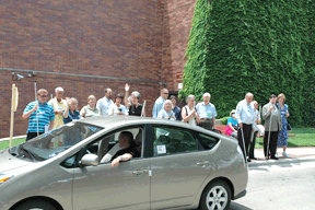 Outside the hotel at the 2006 convention Federationists gathered to listen for the passage of a hybrid car. They were instructed to raise a hand when they heard the vehicle. In this group of about twenty-five people, one person heard the car coming.