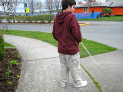 Only after learning basic spatial orientation and motor skills can students master other techniques and truly explore the world around them. Here a student uses his long white cane to detect the curb cut in the sidewalk.