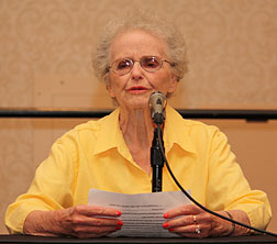 Mother of Matt Maurer and Marc Maurer, Mrs. June Maurer addresses a roomful of parents and blindness professionals.