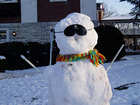 A close-up of the O&M snowman shows sleepshades, cane-tip nose, warm scarf, and long white cane.�Two shorter canes provide arms to this work of winter art.
