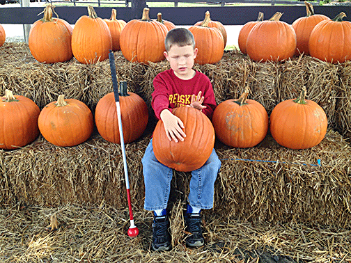 Max sits in a pumpkin patch, holding a pumpkin on his lap.