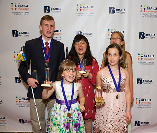 Group portrait of the first-place winners in the 2016 Braille Challenge