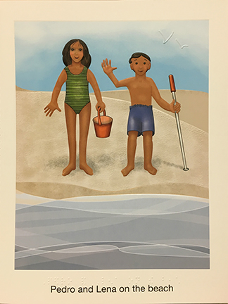 Pedro and Lena stand on the beach with the ocean in the foreground.