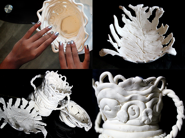 A photo grouping: top left, hands create a bowl from clay; top right, a small tray in the shape of a leaf; bottom right, a tall vessel with two handles; bottom left, a collage of the other three photos