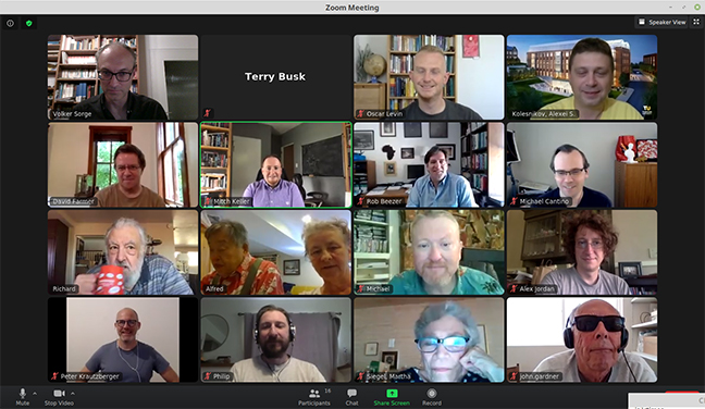 Gallery view of a Zoom meeting, showing members of the AIM team