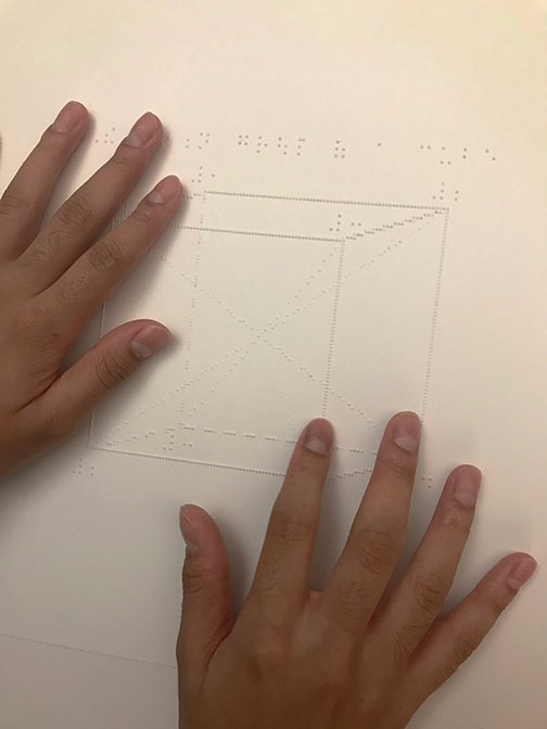 Hands examine a raised-line diagram.
