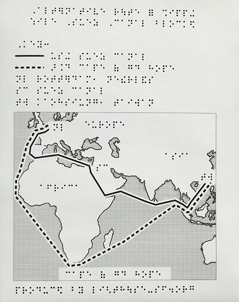 A tactile graphic shows the position of the Suez Canal between the African continent and the Arabian Peninsula.