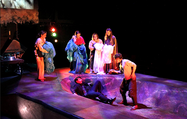 Elizabeth Rouse takes part onstage in a Central College production directed by Mary Jo Sodd. (Photo credit, Set designer Kate Kanne)